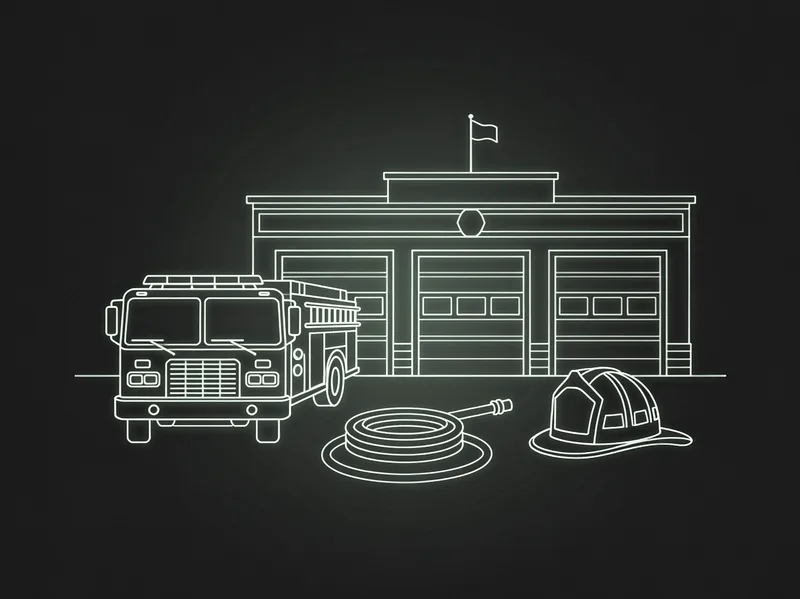 Strichillustration einer Feuerwache mit Löschfahrzeug, Schlauch und Helm