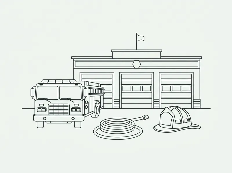 Strichillustration einer Feuerwache mit Löschfahrzeug, Schlauch und Helm
