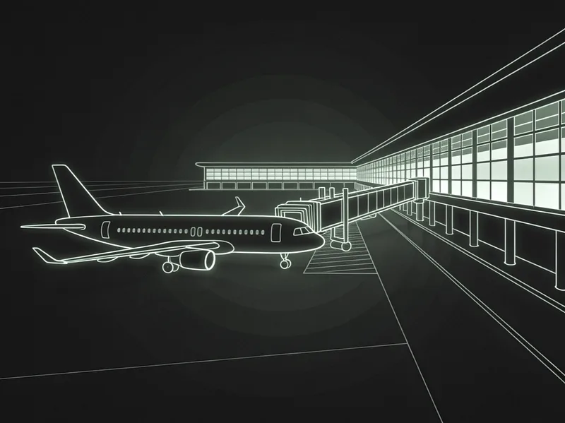 Strichillustration eines Flughafen-Terminals mit Flugzeug am Gate und langen Wegen