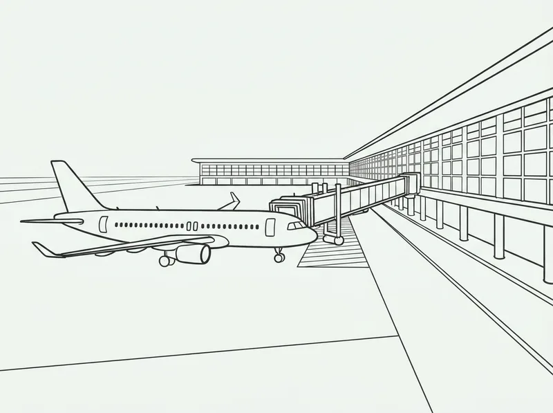 Strichillustration eines Flughafen-Terminals mit Flugzeug am Gate und langen Wegen