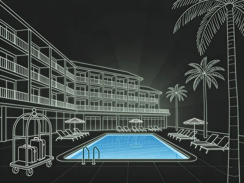 Strichillustration einer Hotelanlage mit Pool, Liegen und Gepäckwagen