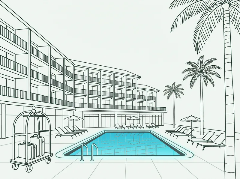 Strichillustration einer Hotelanlage mit Pool, Liegen und Gepäckwagen
