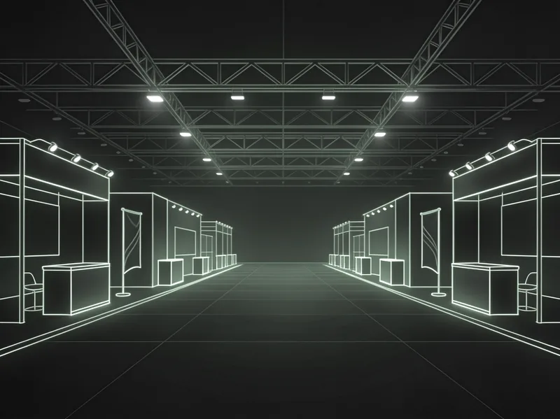 Strichillustration einer Messehalle mit Ständen und Deckenträgern