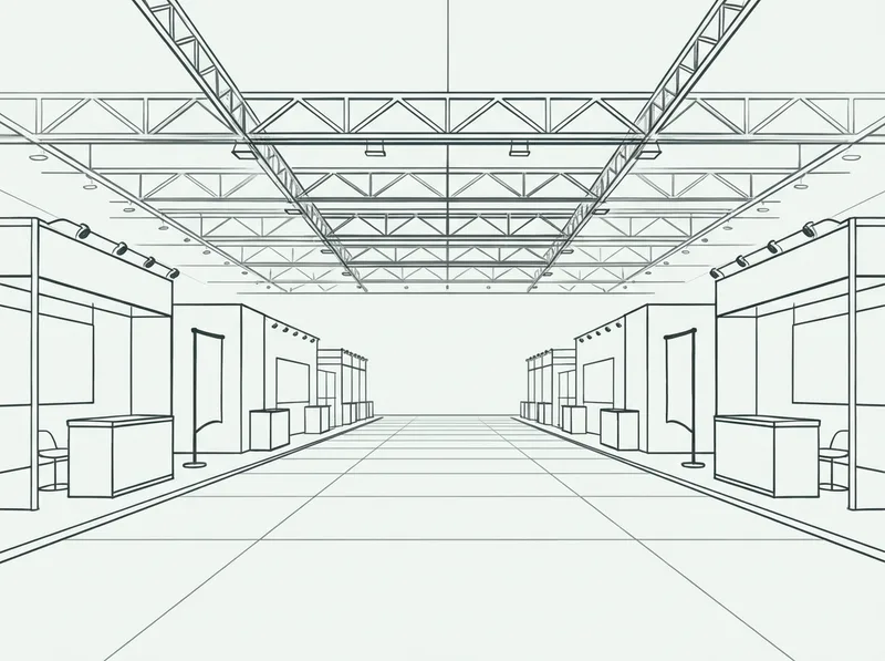 Strichillustration einer Messehalle mit Ständen und Deckenträgern