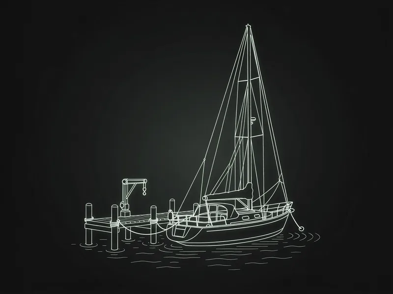 Strichillustration einer Marina mit Segelyacht am Steg und Hafenkran