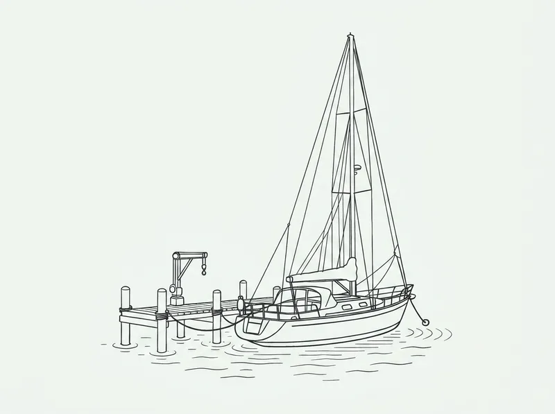 Strichillustration einer Marina mit Segelyacht am Steg und Hafenkran